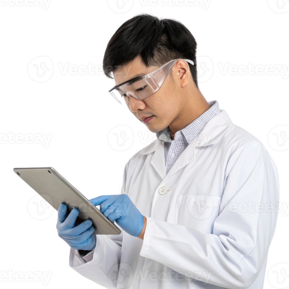 young male scientist lab coat and safety goggles is using tablet, showcasing intersection of food and technology research png