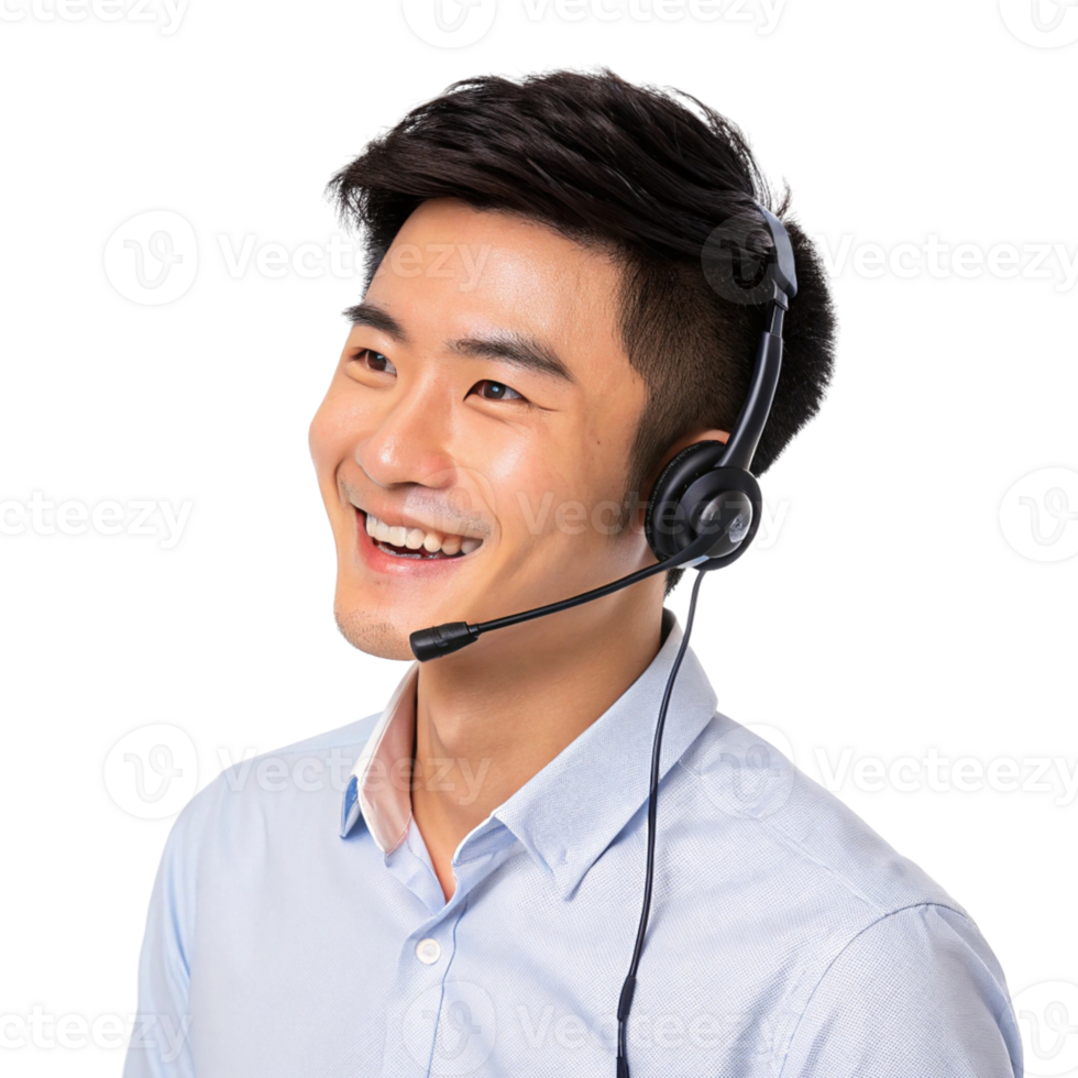 young man wearing headset, smiling while providing technical support. His friendly demeanor conveys professionalism and png