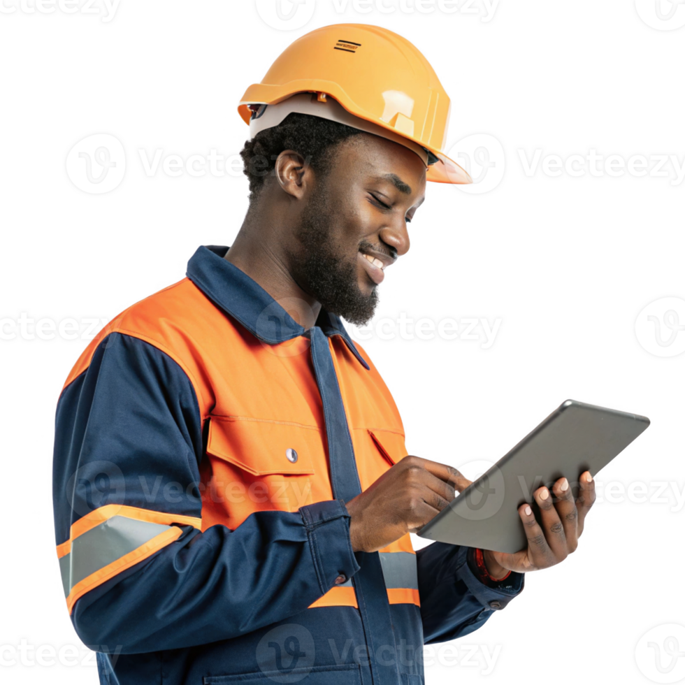 smiling worker in orange and blue uniform using tablet, showcasing food, technology in modern setting png