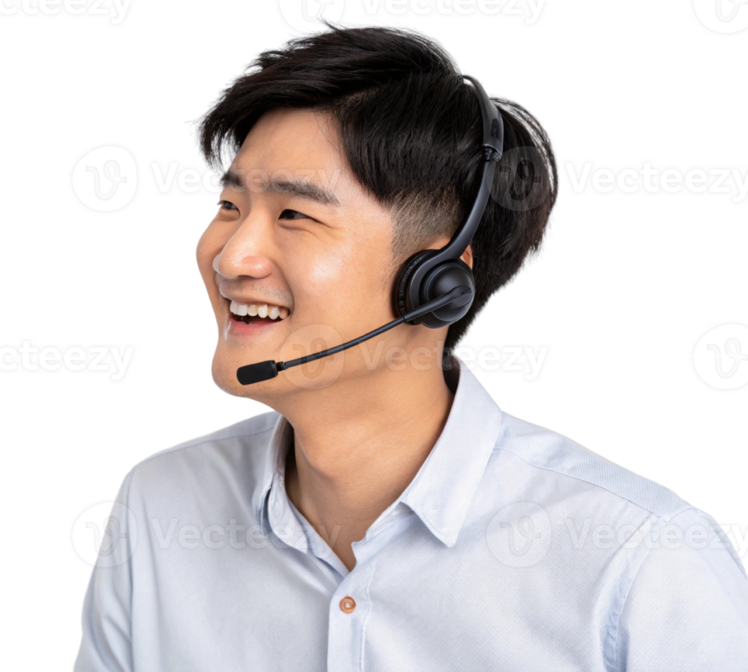 smiling young man wearing headset, providing technical support and assistance. His cheerful demeanor reflects professionalism png