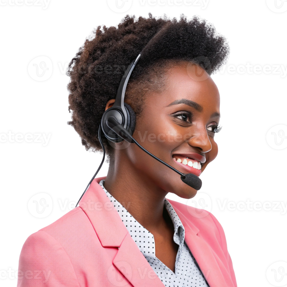 descriptionSmiling woman with headset, providing technical support, wearing pink blazer, professional appearance png