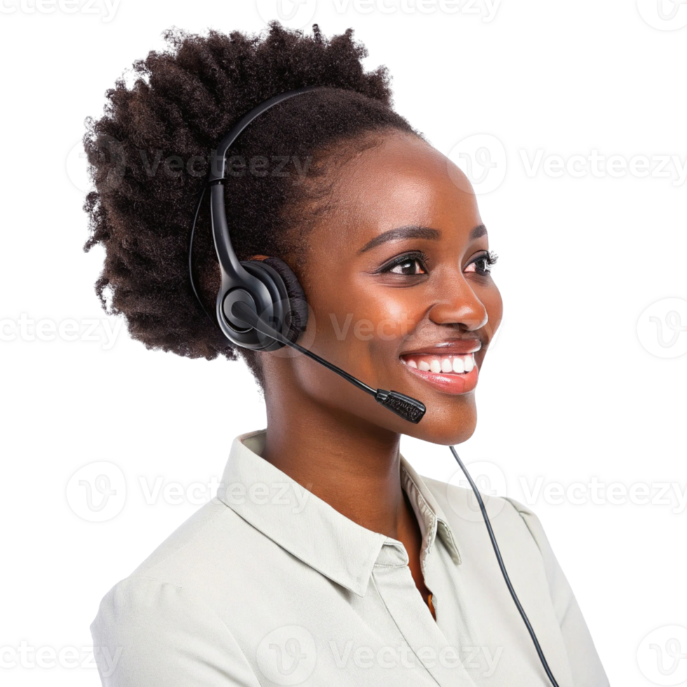 smiling woman wearing headset, showcasing technical support professional setting. Her joyful expression conveys confidence and png