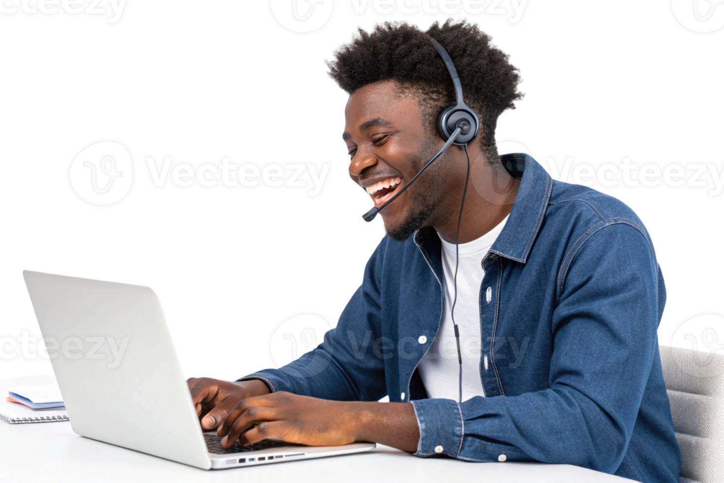young man with headset is smiling while working laptop, showcasing positive and engaging atmosphere technical support setting png