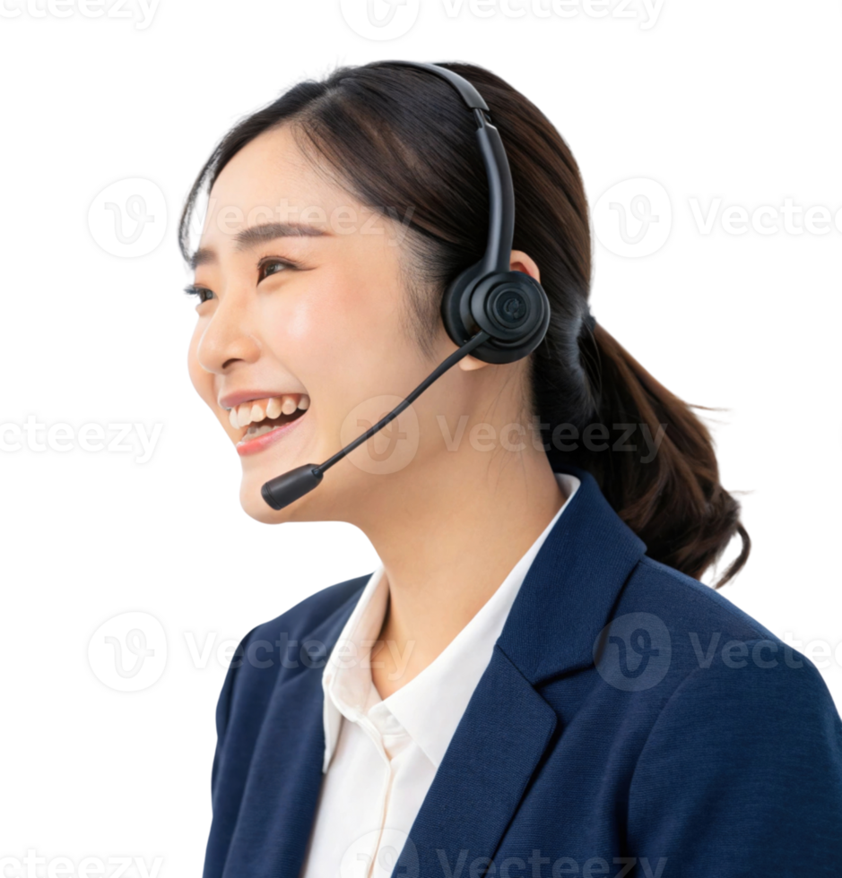 smiling woman wearing headset, dressed in professional outfit, providing technical support png