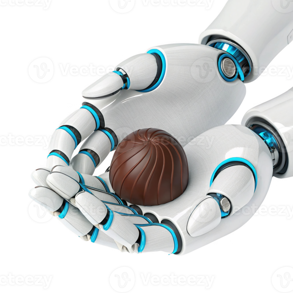 robotic hand delicately holds chocolate truffle, showcasing blend of food and technology in futuristic setting png