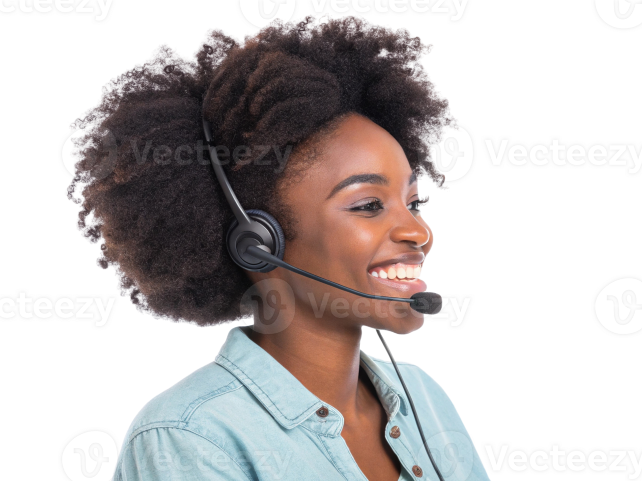Smiling woman with curly hair wearing headset, providing technical support and assistance, showcasing professionalism and png