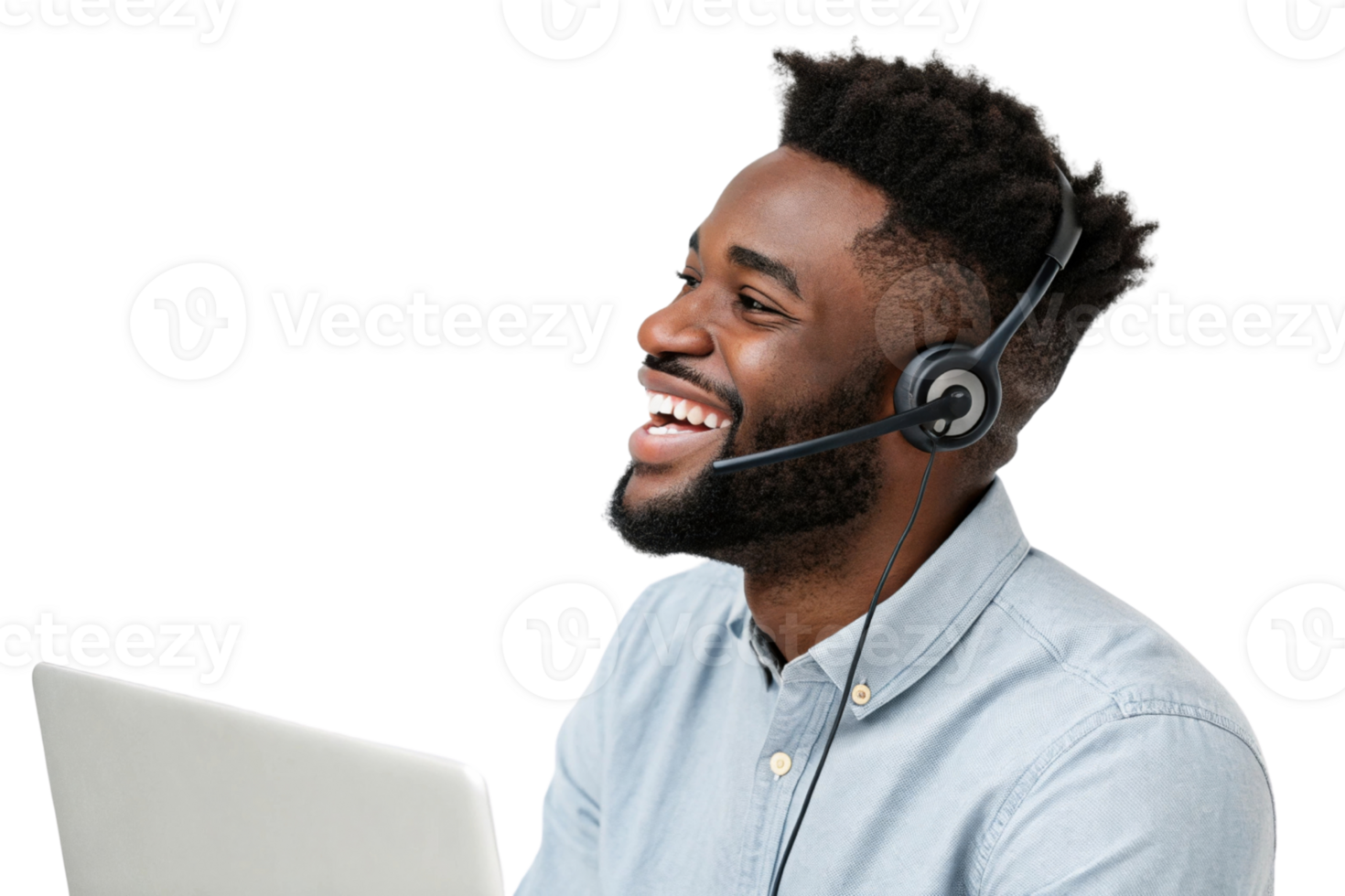 Smiling man with headset, laptop, technical support, customer service, cheerful expression, professional attire, communication png