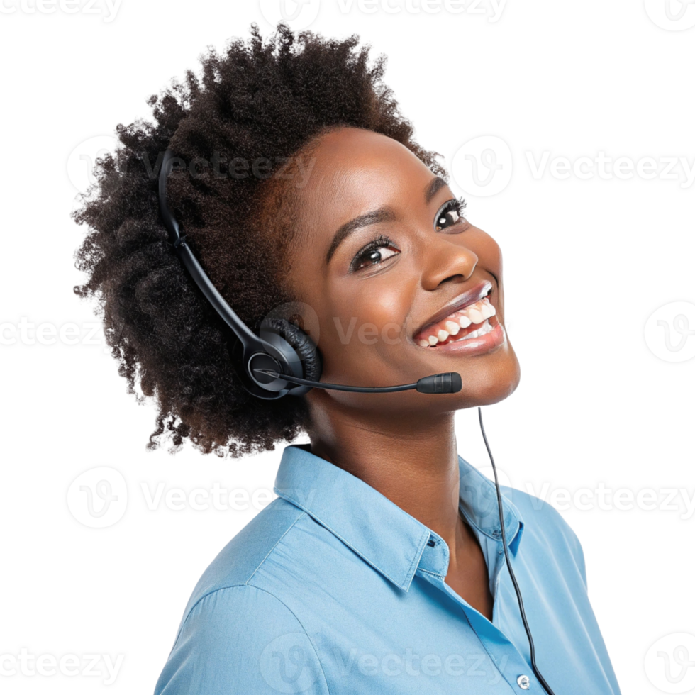Smiling woman with headset, providing technical support, showcasing professionalism and friendliness in customer service role png
