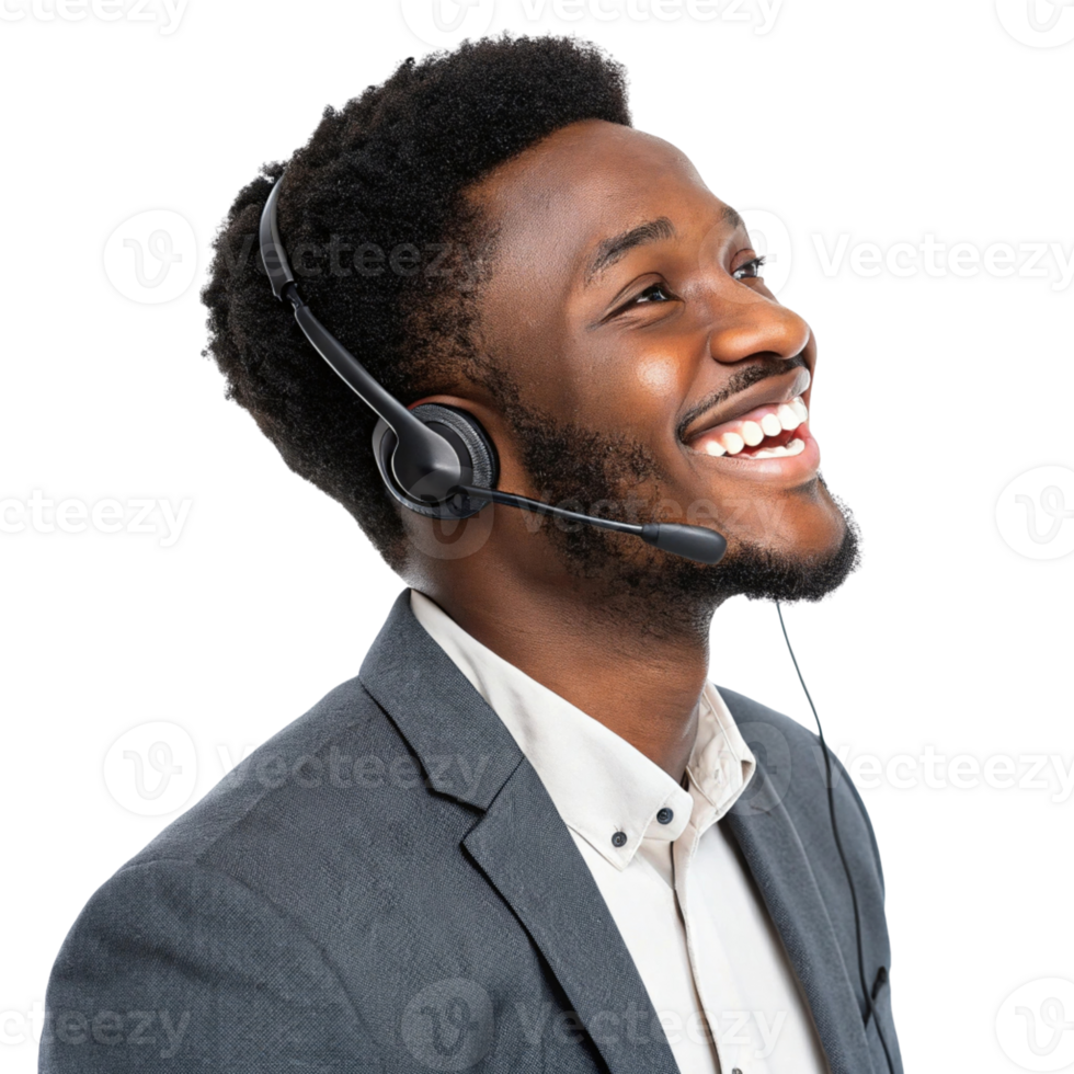 Smiling man headset, professional attire, providing technical support, cheerful expression, customer service, communication png