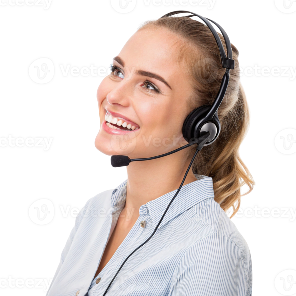 Smiling woman with headset, providing technical support, engaged conversation, professional attire, bright background png