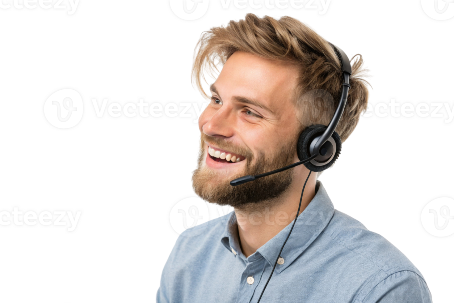 Smiling man with headset providing technical support, showcasing friendly demeanor and professionalism in customer service png
