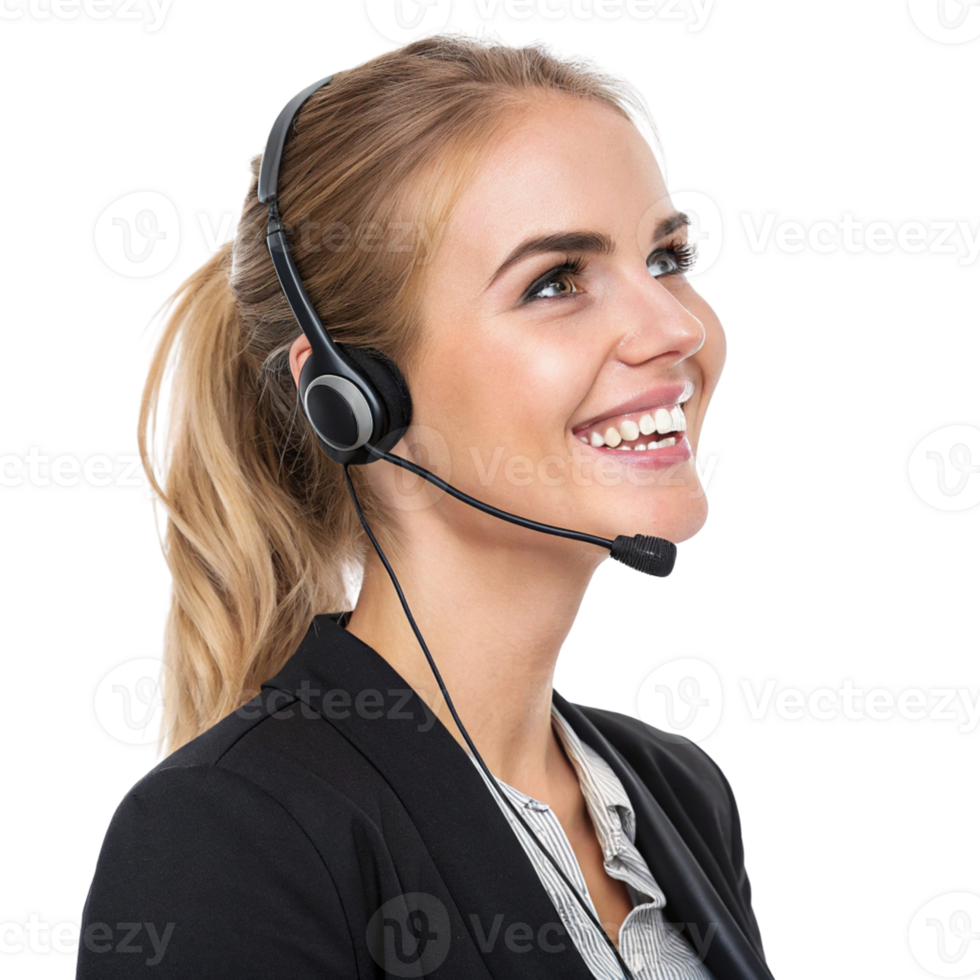 smiling woman wearing headset, showcasing professional appearance, ideal for customer service or technical support roles png