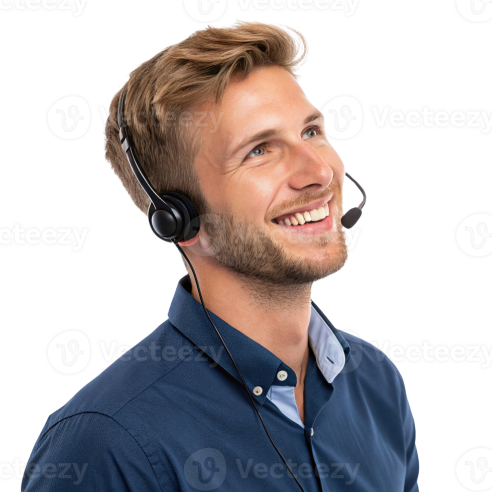 Smiling man with headset, providing technical support and assistance, showcasing friendly demeanor and professionalism png