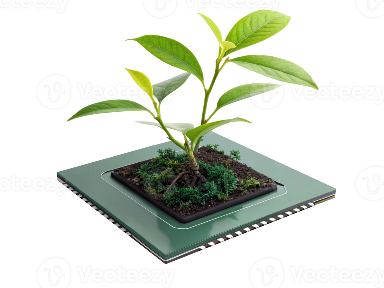 small green plant with vibrant leaves grows in black pot on square green base, symbolizing nature and growth png