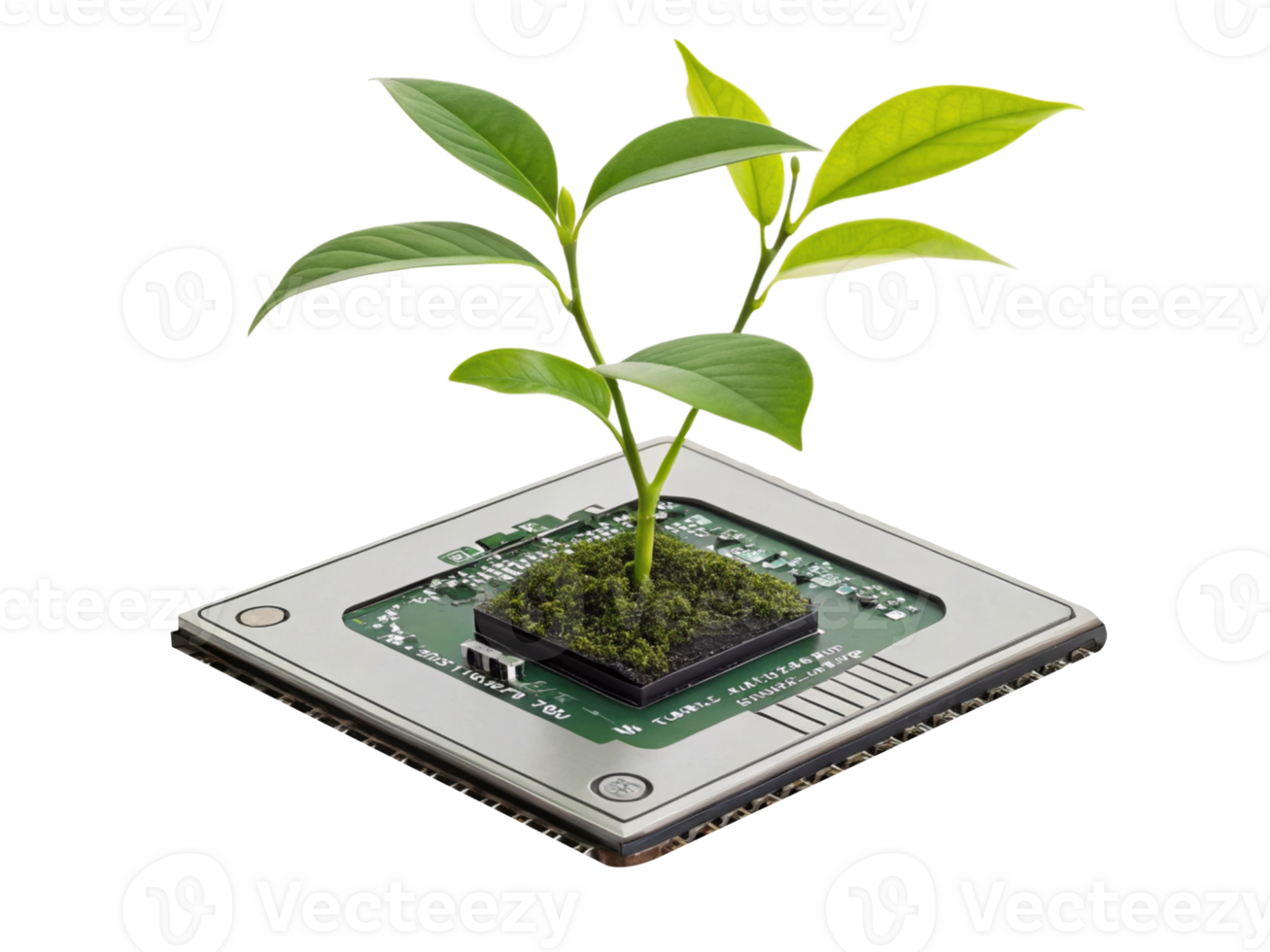 plant growing from microchip symbolizes fusion of technology and nature, representing innovation and sustainability png