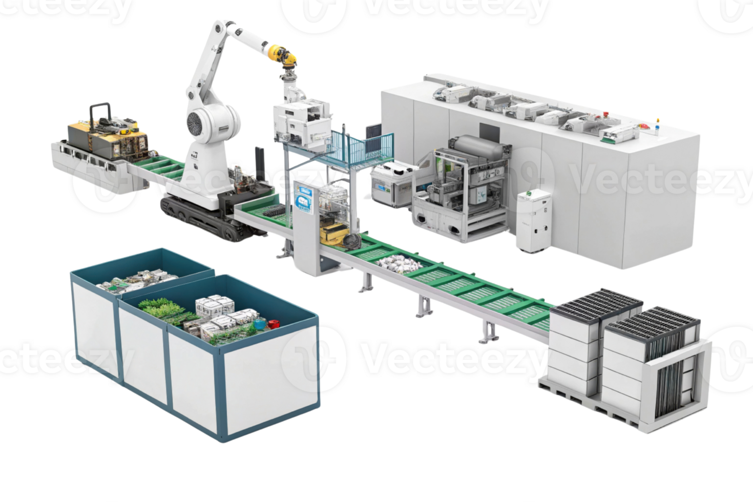 Automated manufacturing system with robotic arm, conveyor belts, and modular components for efficient production png