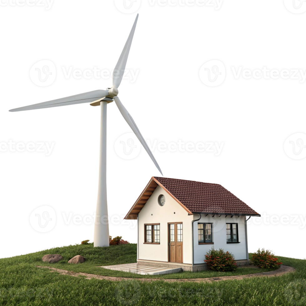 modern house with wind turbine nearby, symbolizing renewable energy and sustainability. scene conveys sense of harmony with png