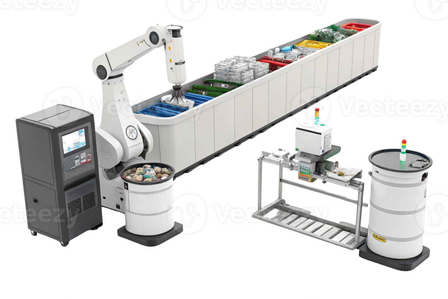 Automated sorting system with robotic arm, conveyor belt, and waste bins for efficient recycling and waste management png
