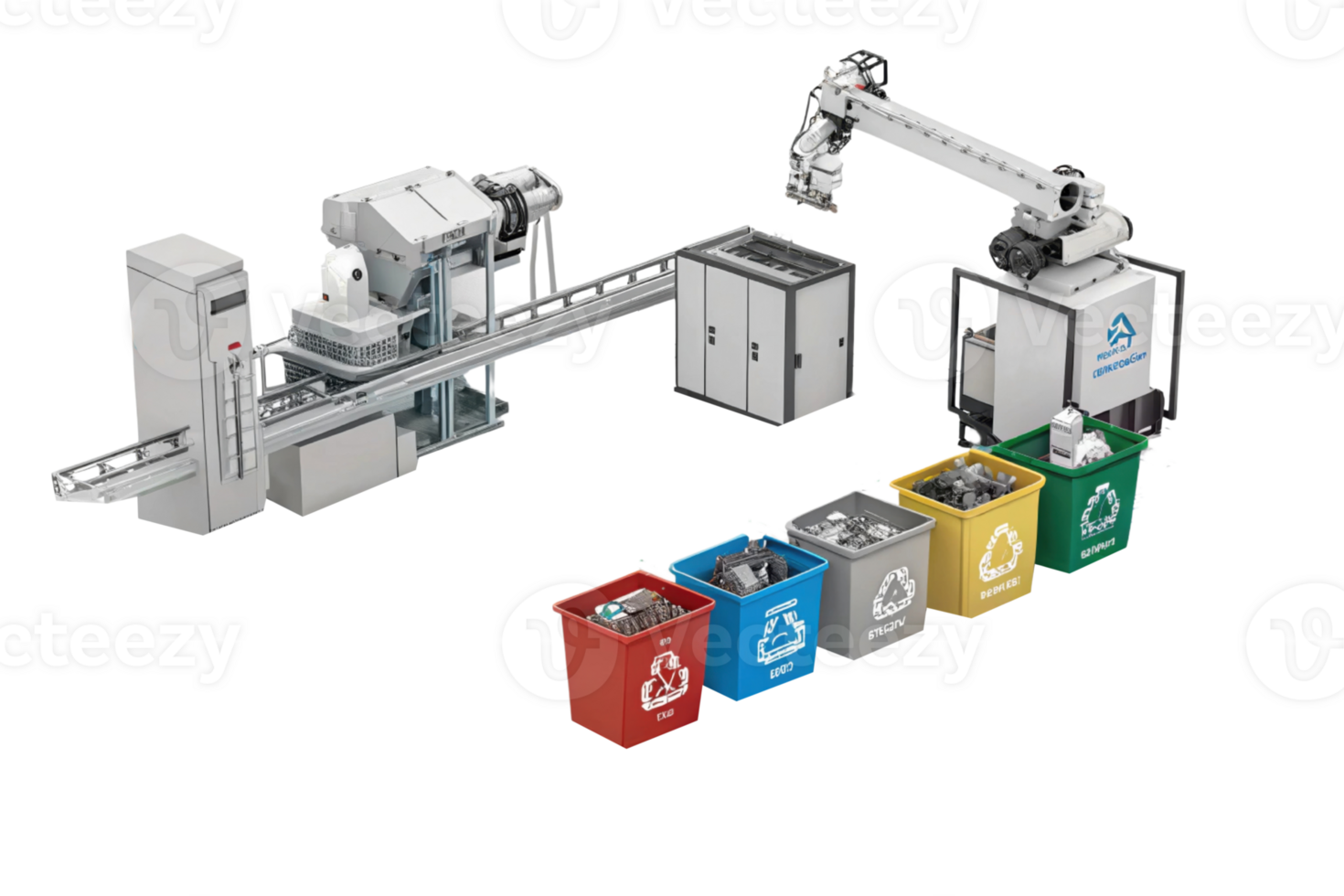 Automated recycling system with robotic arm, conveyor, and color coded bins for waste separation. Efficient waste management png