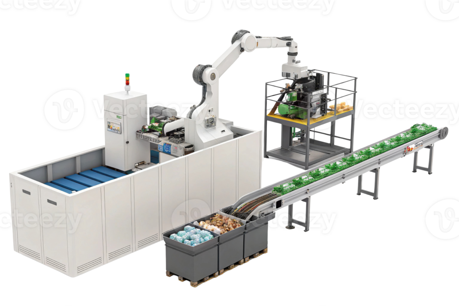Automated production line with robotic arm, conveyor, and sorting system for efficient packaging and processing png