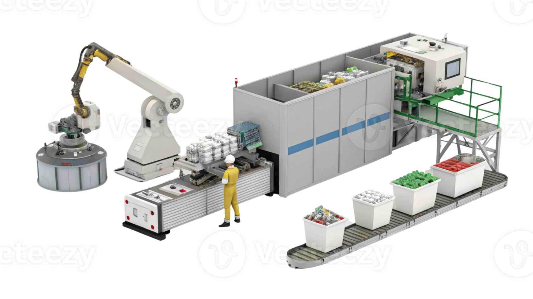 Automated production line with robotic arm, worker, and containers for efficient processing and packaging of goods png