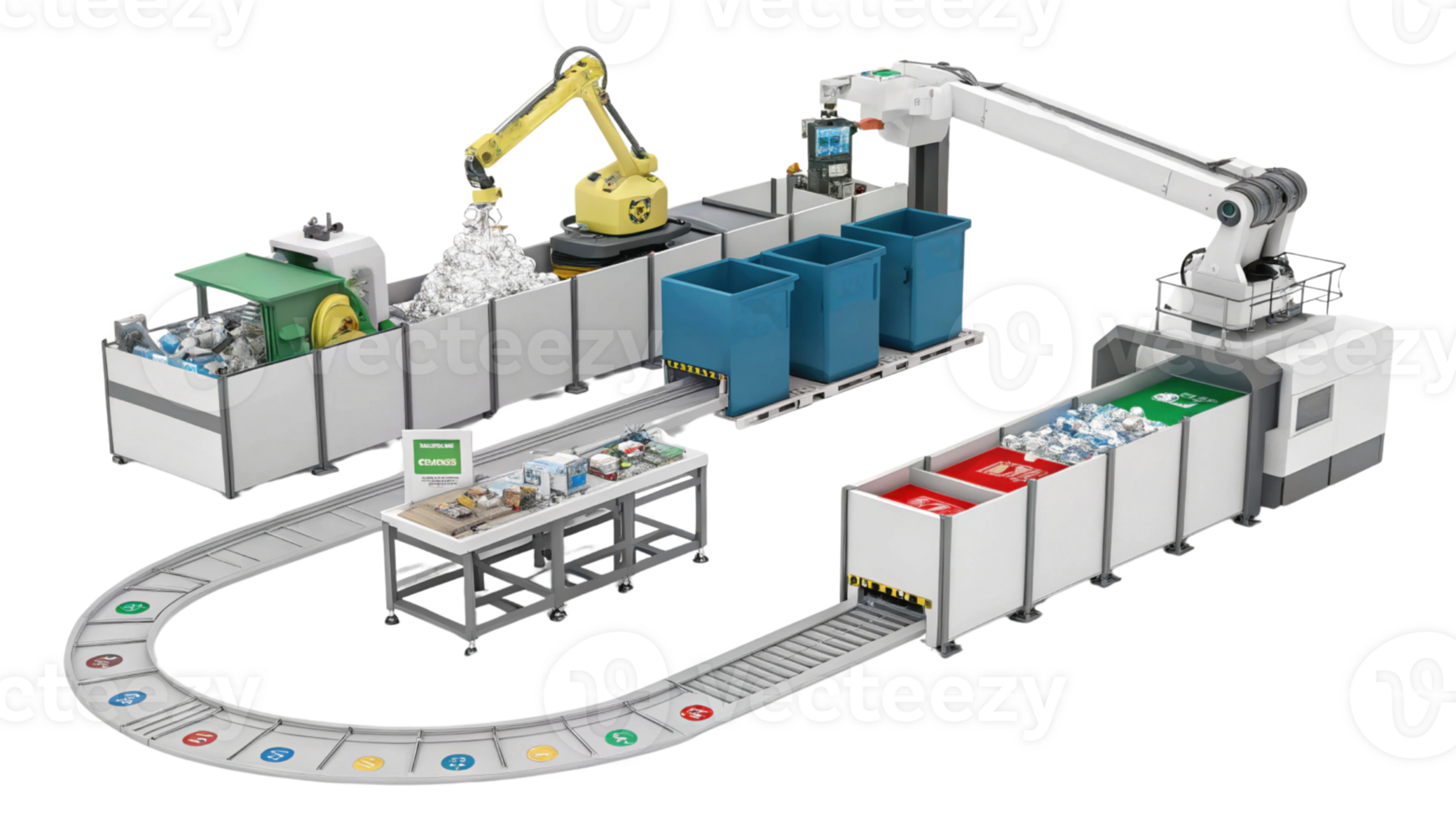 Automated recycling facility with robotic arms sorting materials efficiently, showcasing modern waste management system png