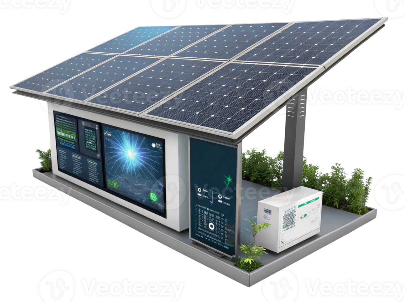 Innovative solar energy system with solar panels, energy monitor, and inverter, showcasing sustainable technology and eco png