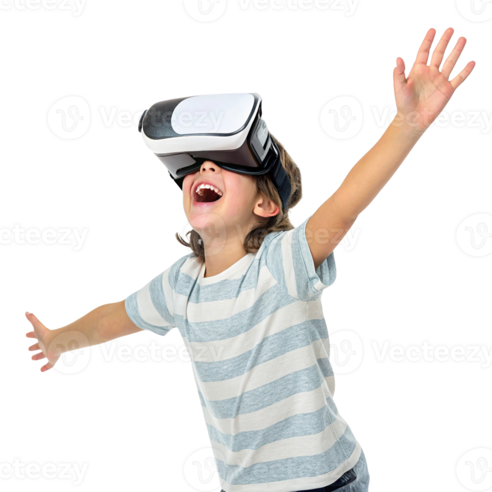 Excited child wearing virtual reality headset, experiencing immersive school technology, arms raised in joy and wonder png