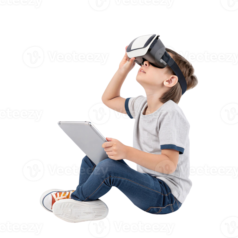 young boy is engaged immersive experience using virtual reality technology while seated floor, holding tablet. His expression shows curiosity and png