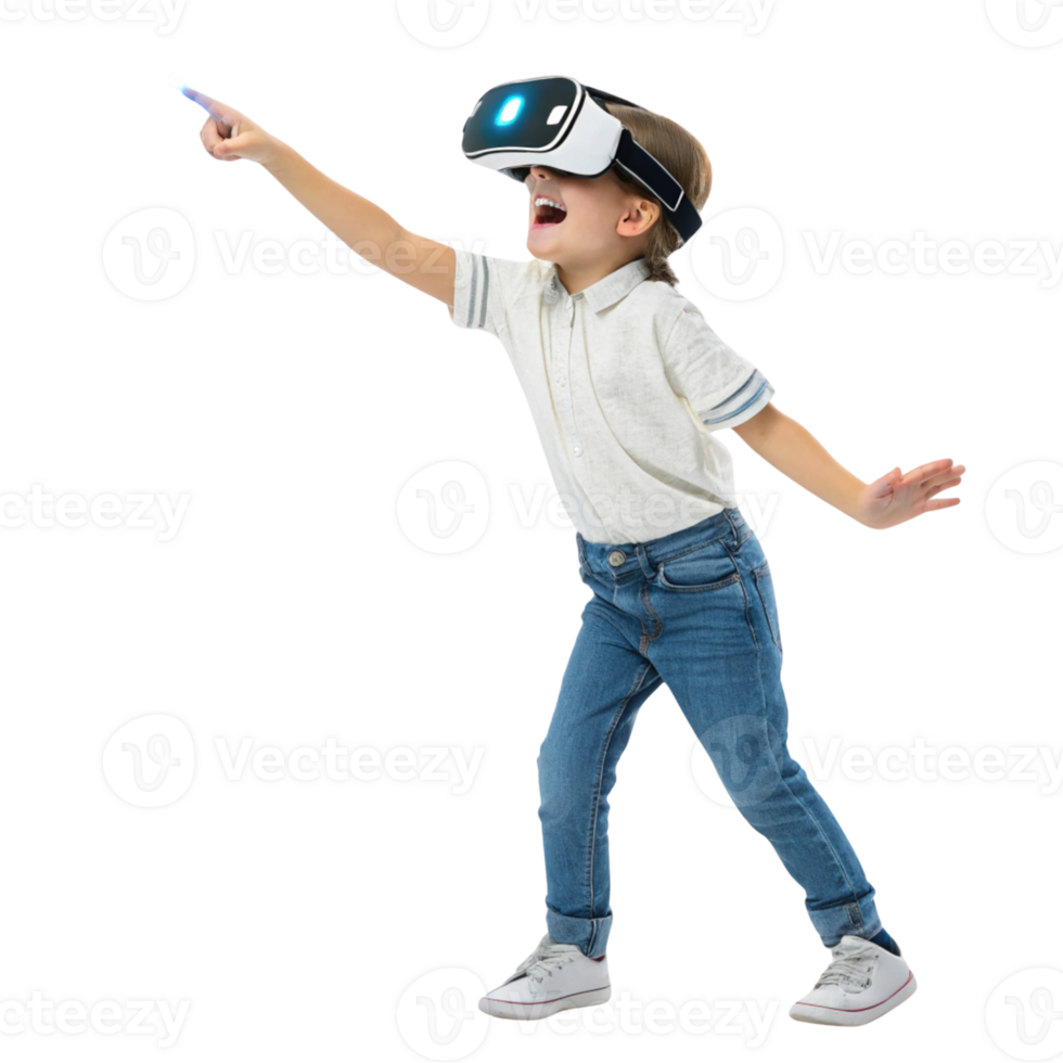 Excited child using virtual reality technology in school setting, engaging with immersive learning experiences png