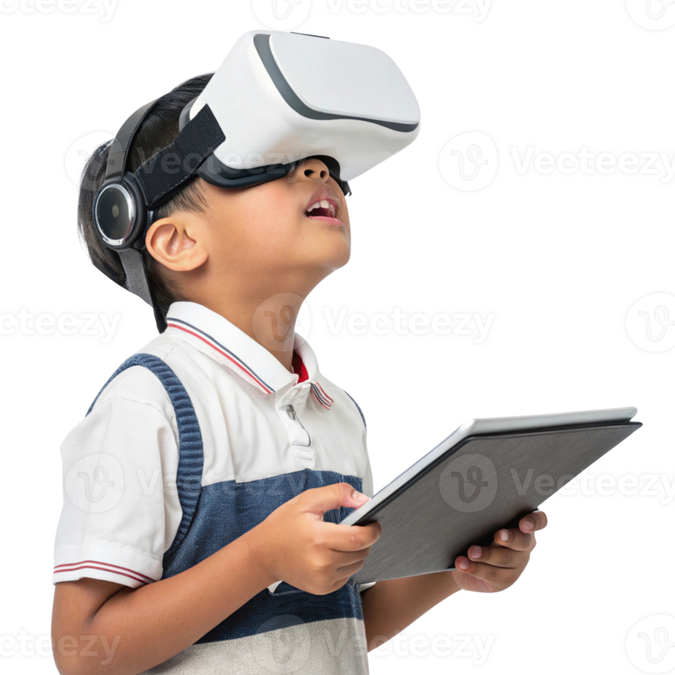 Young boy using virtual reality headset, exploring school technology with excitement and curiosity, holding tablet in his hands png