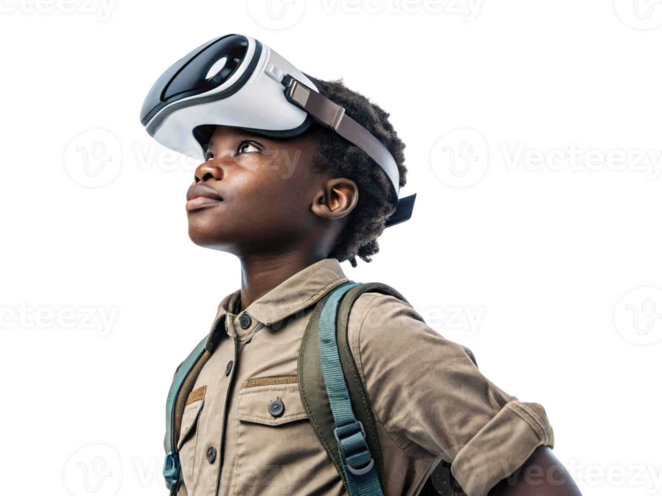 Young boy wearing virtual reality headset, exploring immersive experiences in school, technology, and learning environments png