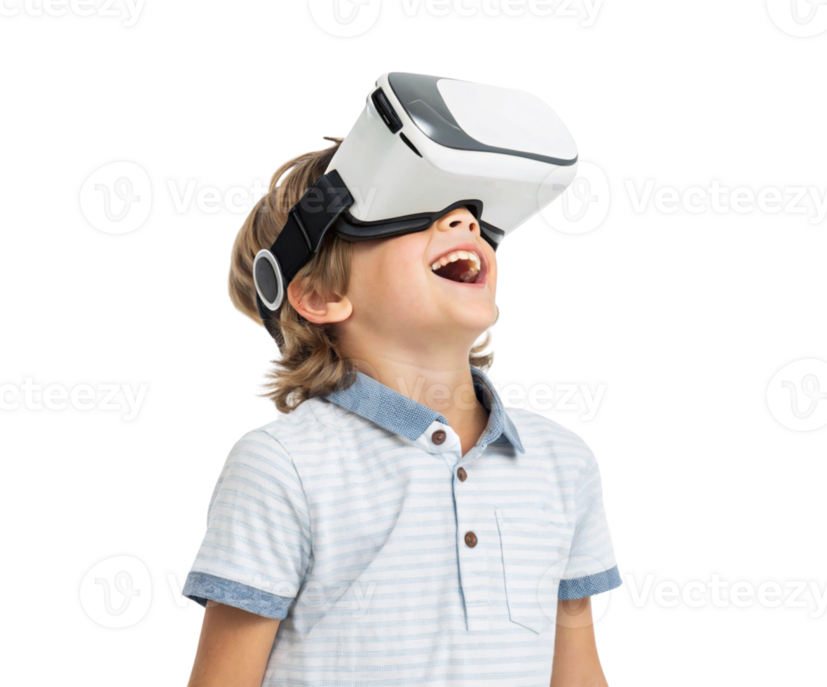 Excited child wearing virtual reality headset, exploring immersive school technology experiences, showcasing joy and curiosity in learning png