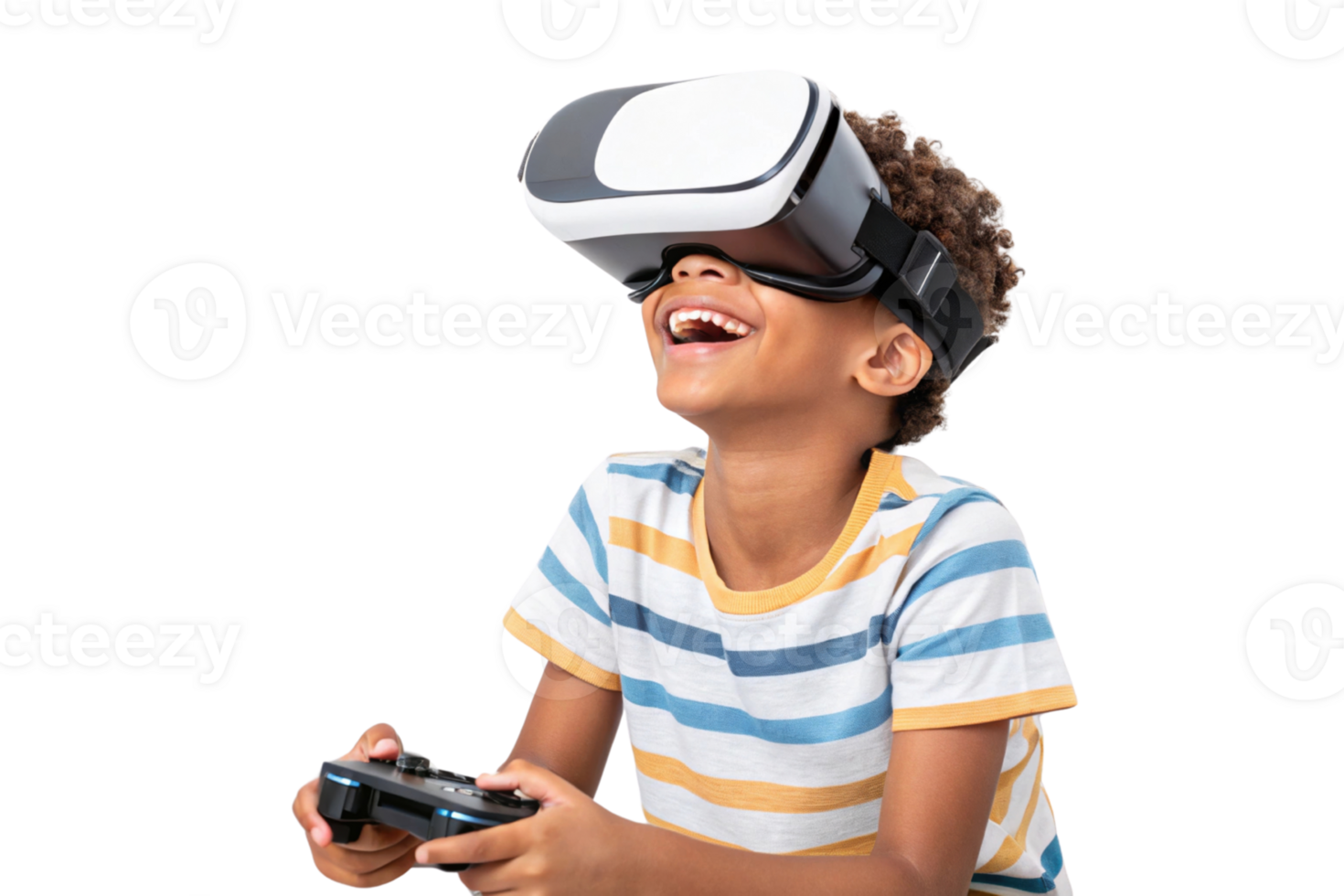 Child enjoying virtual reality experience with headset, gaming controller in hand, immersed in technology and school learning png