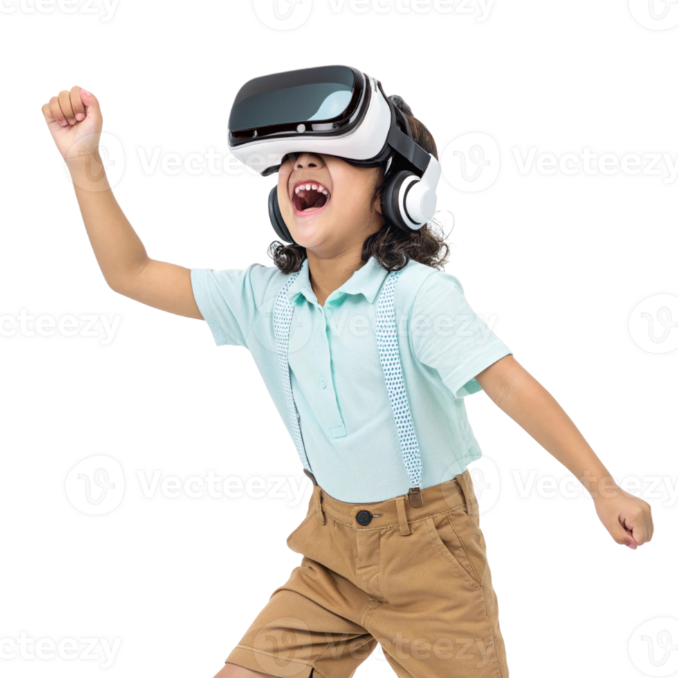 joyful child wearing virtual reality goggles, experiencing technology school setting. excitement is palpable as they engage with digital content png