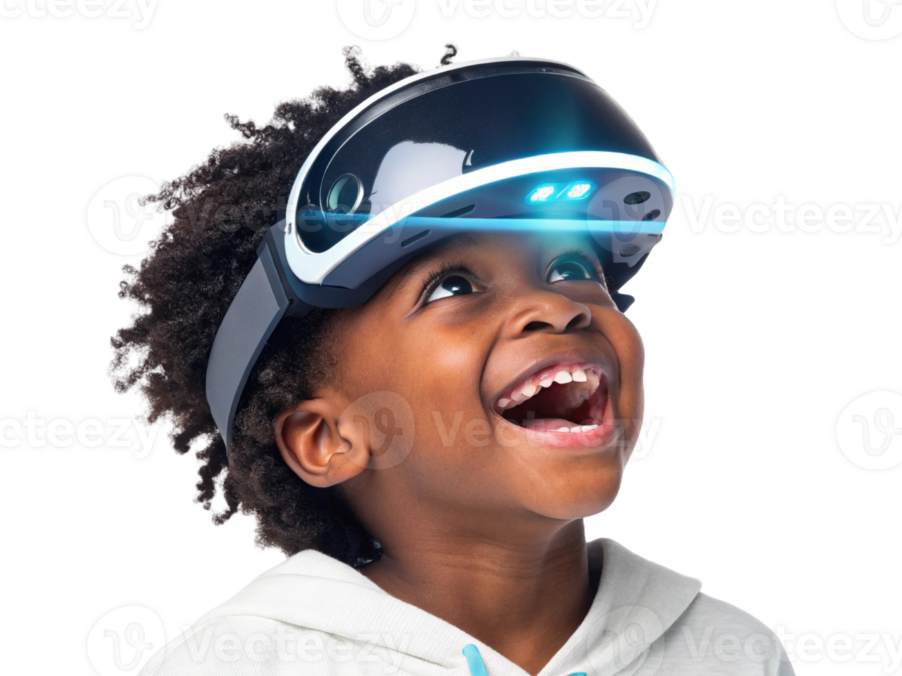 joyful child wearing virtual reality headset, exploring immersive school technology experiences. excitement is palpable png