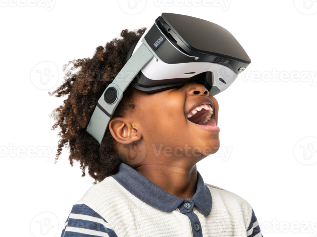 Excited child wearing virtual reality headset, experiencing immersive school technology and joy. Engaging with innovative learning tools png
