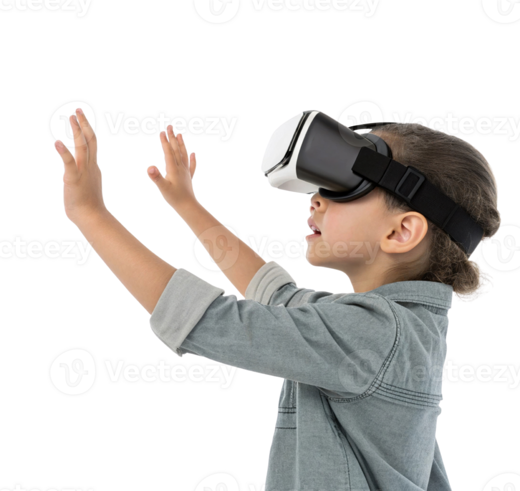 child wearing virtual reality goggles engages with immersive technology, exploring new dimensions school setting. excitement of learning through png