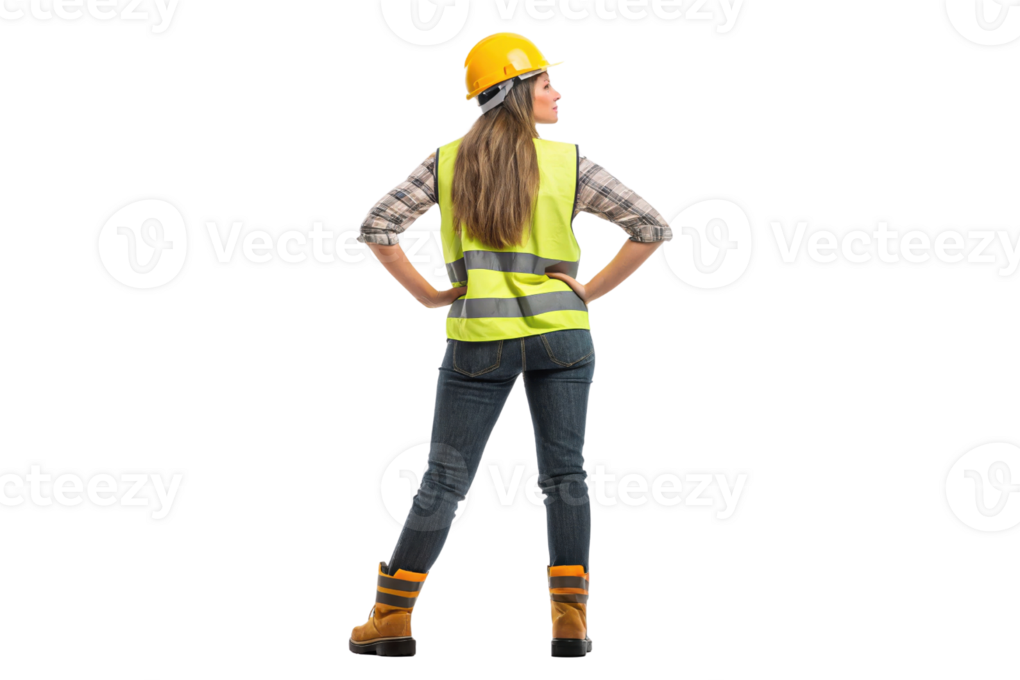 confident tech worker stands with hands on hips, wearing safety vest and hard hat, ready for job ahead png