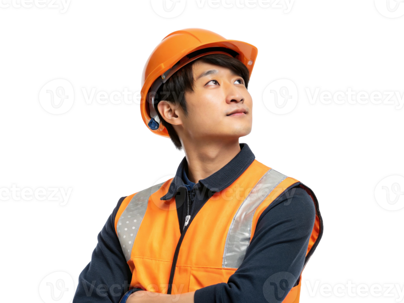 Confident tech worker in orange safety vest and helmet, looking upwards with thoughtful expression, ready for challenges png