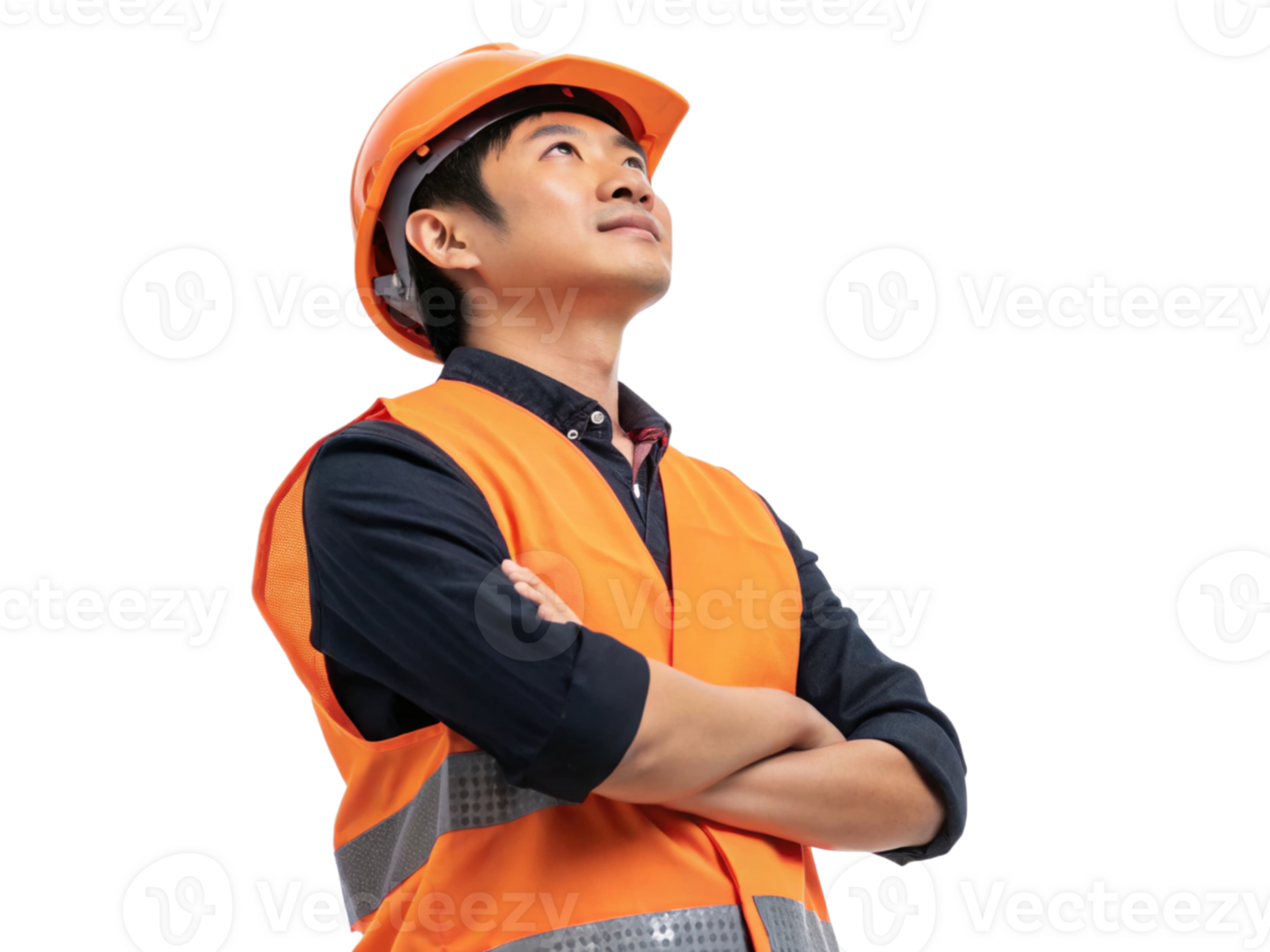 tech worker in orange safety vest and helmet, looking up thoughtfully, embodying professionalism and focus in construction png