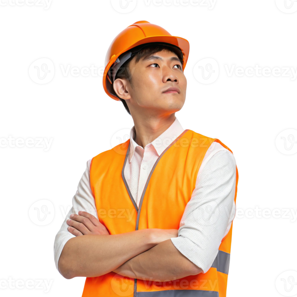 confident tech worker in orange safety vest and hard hat looks upward, embodying determination and professionalism png