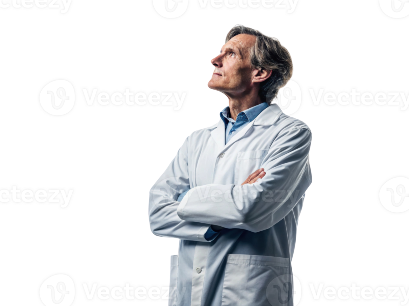 The thoughtful scientist in lab coat gazes upward, reflecting on advancements in biotechnology and innovation. png