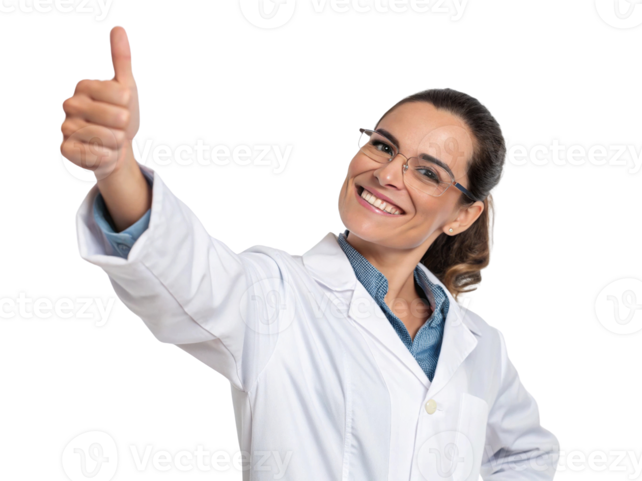 Smiling female scientist in lab coat giving thumbs up, representing positivity and innovation in biotechnology png