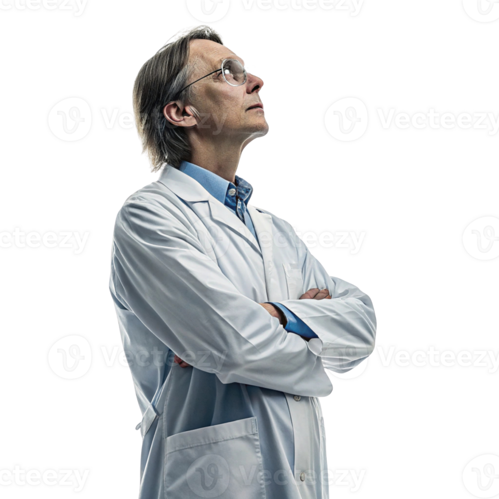 Scientist in lab coat, showcasing confidence and curiosity in biotechnology research, with thoughtful expression and crossed arms png
