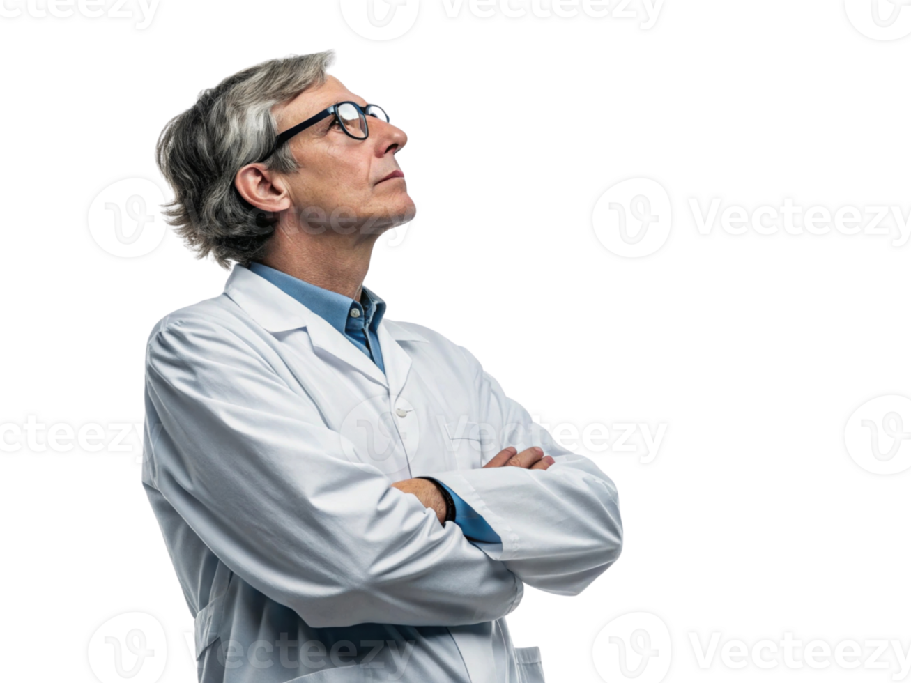 The thoughtful scientist in lab coat, contemplating advancements in biotechnology and research. His expression reflects curiosity and determination png