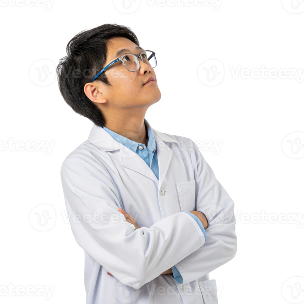 Young scientist in lab coat, contemplating future of biotechnology with curiosity and ambition png