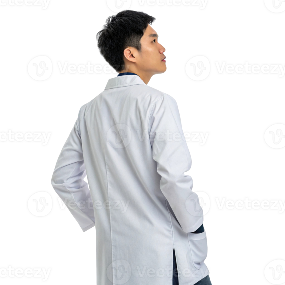 young male scientist in lab coat stands confidently, showcasing professional demeanor in biotechnology setting png