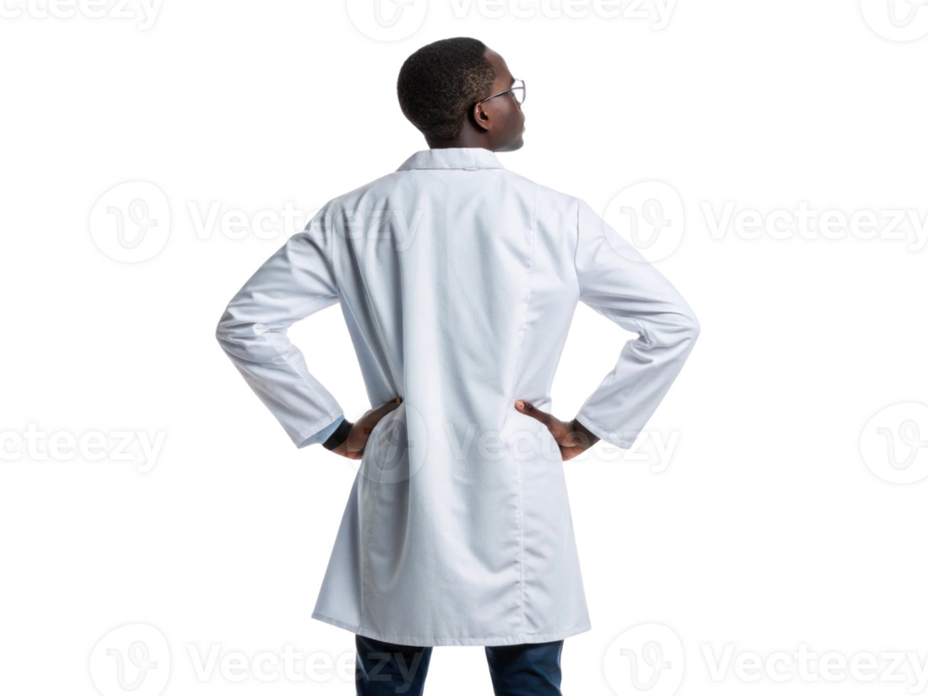 confident scientist in white lab coat stands with hands on hips, showcasing sense of determination and professionalism in biotechnology png