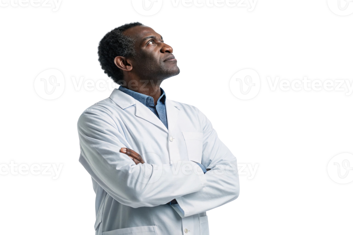 A thoughtful scientist in lab coat gazes upward, reflecting on advancements in biotechnology and innovation. png